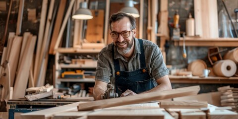 A skilled carpenter working with woodworking tools in a workshop, showcasing craftsmanship and trade skills