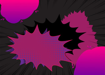 Cartoon black and purple background, classic comic book backdrop. Retro vector comics pop art design.