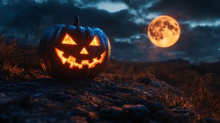 Eerie Glowing Pumpkin on Hilltop Under a Massive Orange Moon Creating a Spooky Atmosphere