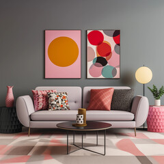 Modern Living Room Interior Design with Pink Sofa Geometric Artwork and Abstract Paintings