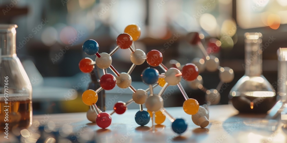 Poster close-up of a chemical molecule model, with colored atoms and bonds, placed on a table with scientif