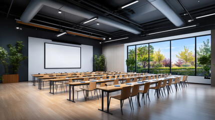 Spacious, modern conference room featuring a projector screen and large windows, ready for presentations or corporate meetings.