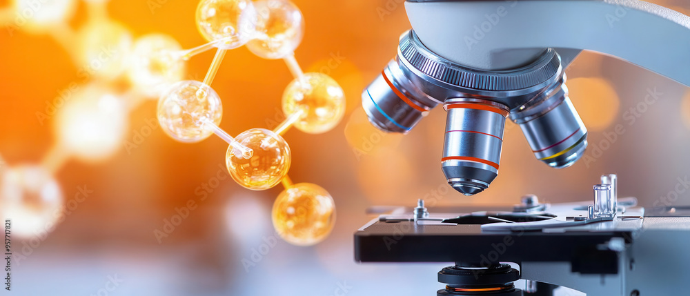 Poster close-up of a microscope with molecular structure in background, symbolizing scientific research and