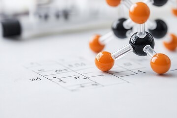 Close-up of a molecular model with orange and black spheres on a scientific background, ideal for education and research purposes.