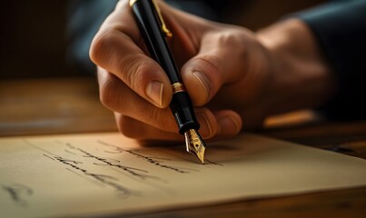 Signing a signature with a fountain pen. 