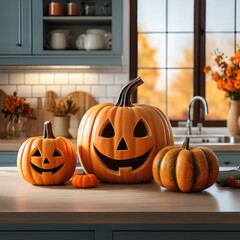 Obraz premium illustrated carved halloween pumpkins on the kitchen counter