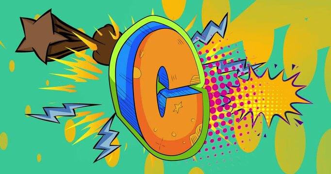 Cartoon Letter C, comic book Typescript video. Retro comics pop art design animation.