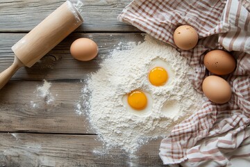 Preparing dough with fresh eggs and flour on a wooden surface for baking a delicious homemade pastry in a rustic kitchen