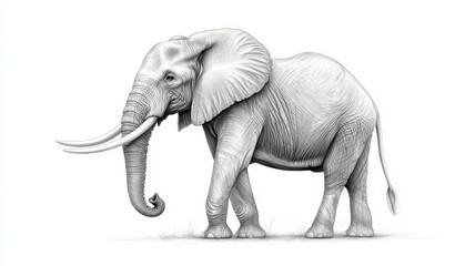 A white elephant with tusks is walking on a white background
