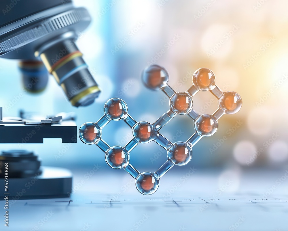 Poster close-up of a microscope and molecular structure representation, emphasizing scientific research and