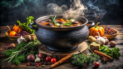 Mystical creatures gather around a silver cauldron, its bowl filled with enchanted kibble and the air thick with