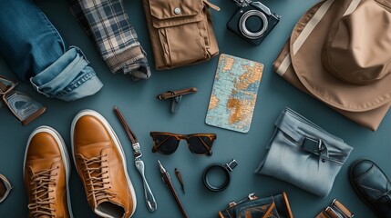 Travel essentials arranged on a flat surface, including clothing, accessories, camera, and a world map for planning adventures