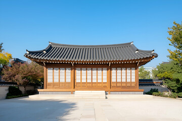 Fototapeta premium Traditional Korean Hanok House with Wooden Structure and Tiled Roof under Blue Sky