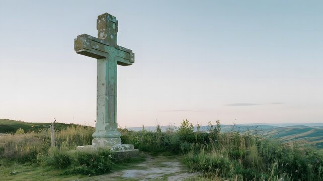 Hilltop View with Ancient Stone Cross at Sunset