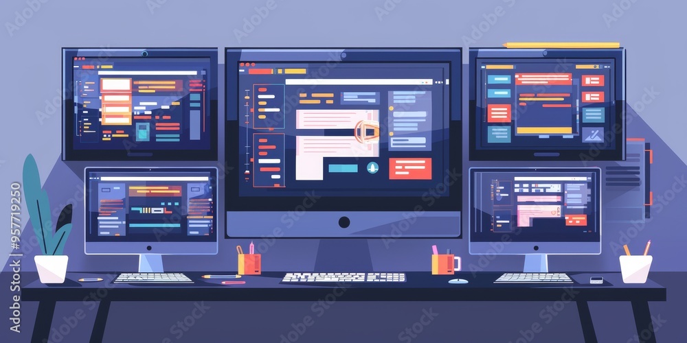 Leinwandbilder web developer's workspace with multiple screens showing responsive web design prototypes