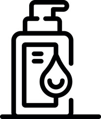 Simple black and white icon of a liquid soap dispenser, promoting cleanliness and hygiene