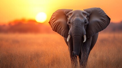 Obraz premium Elephant Portrait Against a Setting Sun in Grassy Savanna
