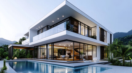 Fototapeta premium A contemporary luxury home with large windows, elegant design, and a poolside view, set in a serene environment, perfect for modern living.