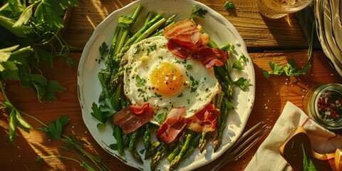 Plate with Orsini Egg Asparagus and Bacon on the Table