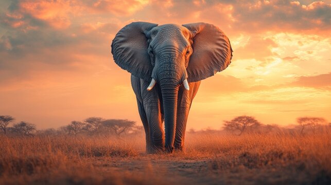 A lone elephant walks through tall grass at sunset