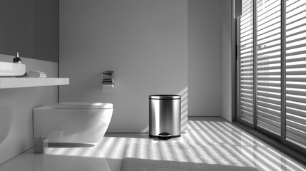 Fototapeta premium Trash Bin: A compact, brushed stainless steel trash bin with a pedal operation, positioned by the toilet for easy and sanitary disposal of bathroom refuse. 