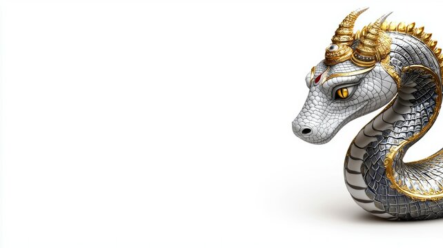 A gold and silver dragon with red eyes is shown on a white background