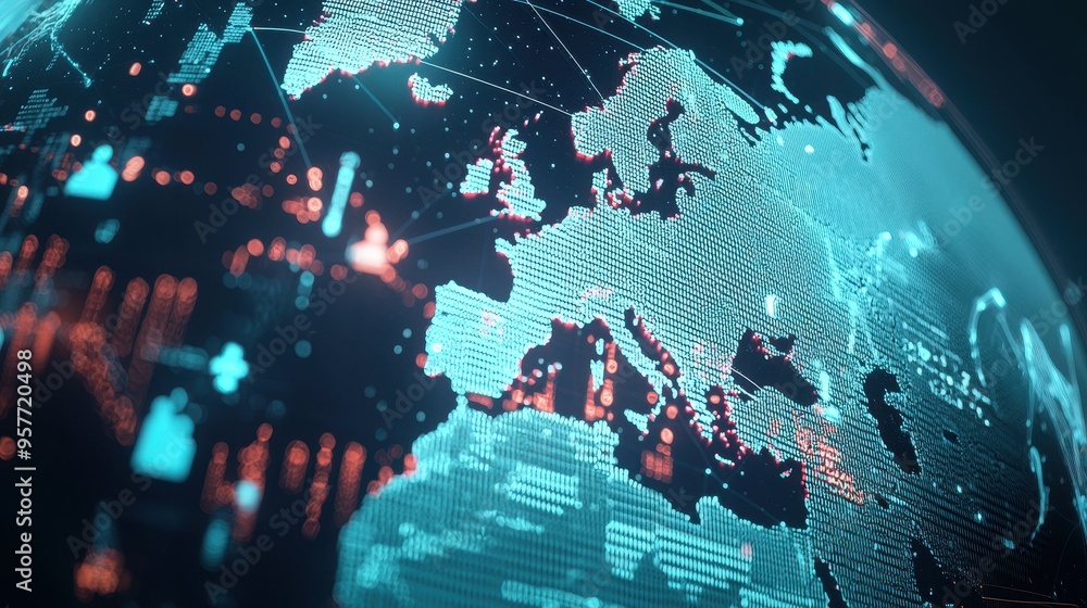 Poster global network digital earth technology data connections abstract map