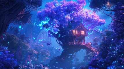 Enchanted Treehouse in a Magical Forest with Glowing Lights