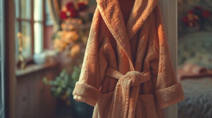 Bathrobe: A soft, 100% cotton bathrobe, hanging on the hook behind the door, ready to embrace you with plush warmth and comfort after a shower.
