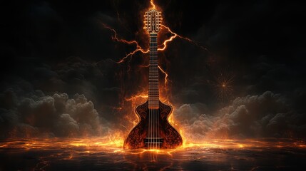 Electric Guitar Surrounded Fiery Lightning