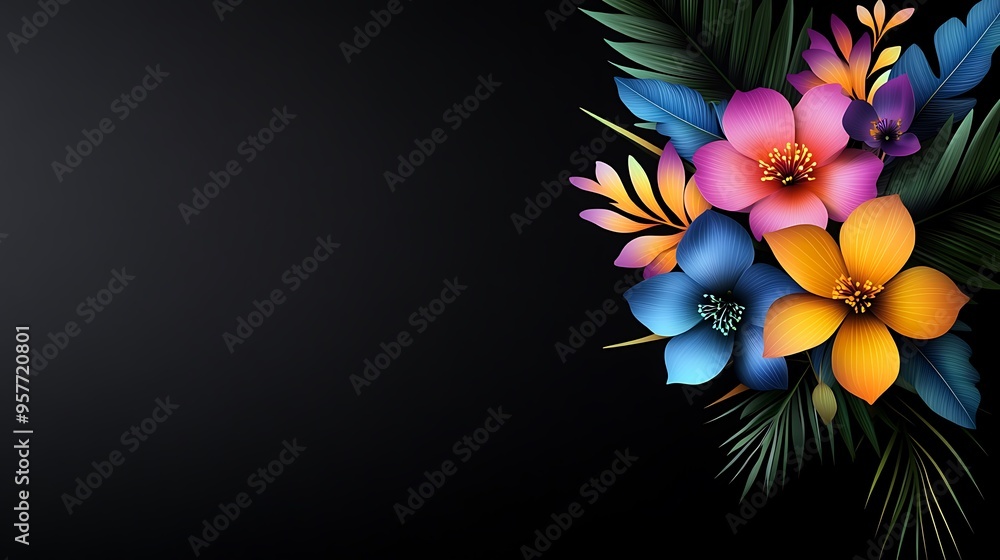 Poster luminous neon floral patterns on black background - abstract close-up with vibrant colors and sharp 