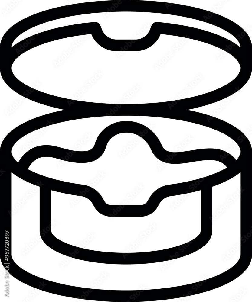 Poster black and white line art icon of a round tin container for food storing with an open lid