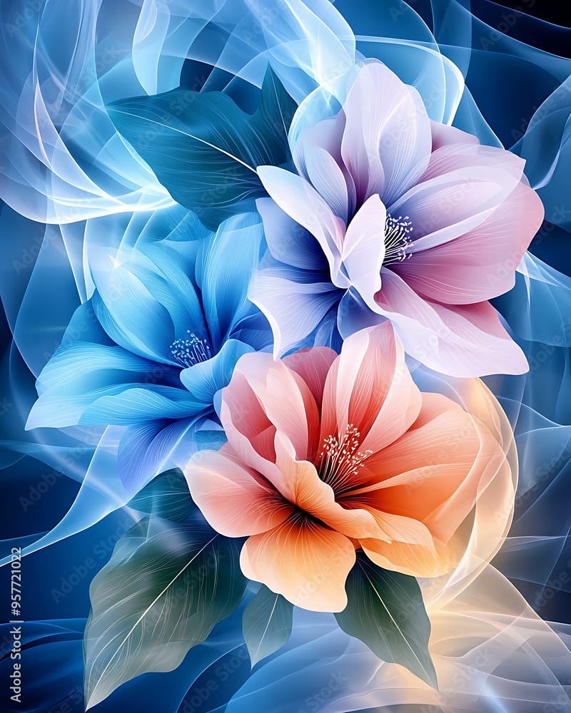 Poster illuminated floral harmony: abstract light geometry with glowing patterns and soft gradients