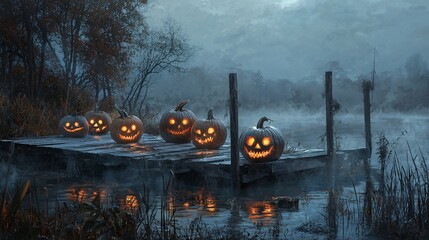 Eerie Night Scene with Creepy Pumpkins and Misty Dock by a Dark Lake Creating a Haunting A