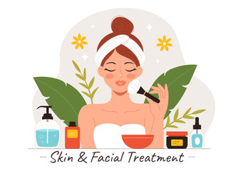 Vector Illustration of Facial and Skin Treatment featuring Women’s Skincare, Anti-Aging Procedures, Massage and SPA Wellness in a Cartoon Background