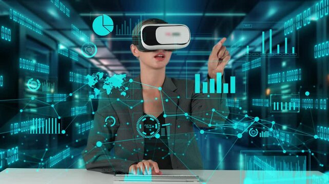 IT developer typing computer code for analyzing intelligent website development coder system data selection by VR innovation interface digital network technology visual hologram server. Contraption.