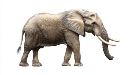 Obraz premium A large elephant with tusks is walking across a white background