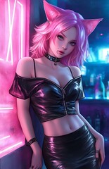 anime catgirl with pink hair