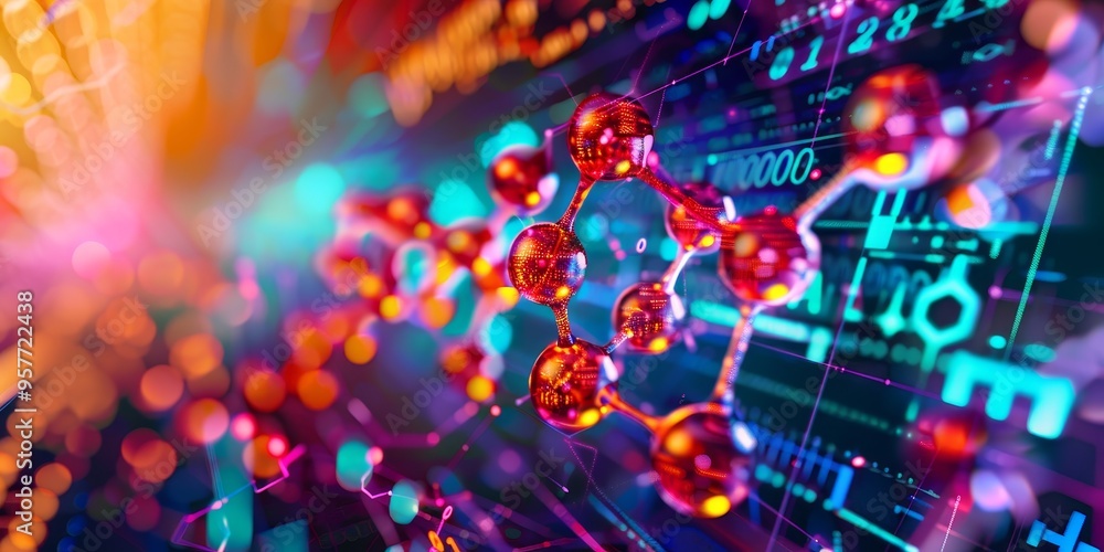 Aufkleber Artistic visualization of a molecular structure in vibrant hues, set against a digital background of scientific calculations and charts