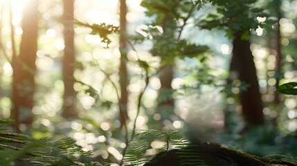 Fototapeta premium Sunbeams shining through green trees, leaves, and branches, creating a tranquil and peaceful nature scene. Perfect for naturethemed designs.
