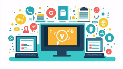 Engaging Virtual Classroom Scene Featuring Teacher and Students with Educational Icons Dis