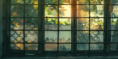 An aged window showcasing clear glass with geometric grilles instead of curtains