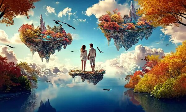 Couple standing on floating islands in fantasy sky with ai generated.
