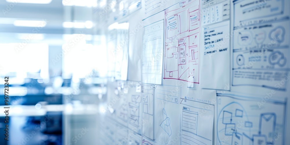 Leinwandbilder mobile app design sketch on a whiteboard, with user interface elements and interaction flows