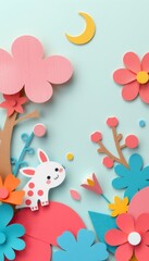 Colorful paper cut out flowers and bunny on blue background.