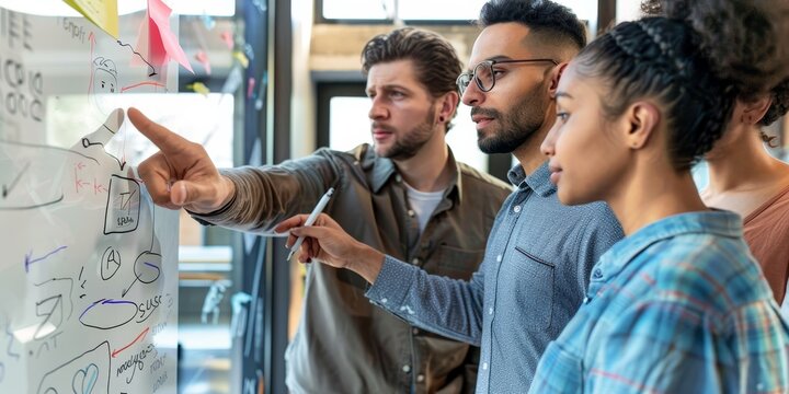 A team of professionals brainstorming ideas on a whiteboard in a creative office space, promoting collaborative learning and innovation