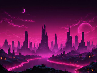 Fototapeta premium abstract Neon halloween night Skyline In Luminous Pink