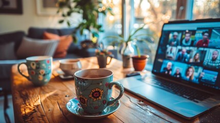 A Serene Workspace Scene with Warm Colors and Connection Over Coffee and Virtual Meetings
