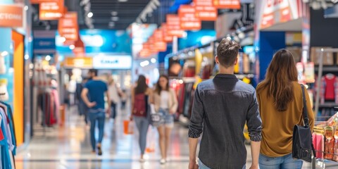 Fototapeta premium A retail sales promotion with discount signs and banners, encouraging customers to make purchases