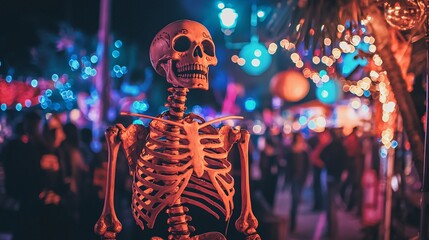 Vibrant Halloween Skeleton Festival with Colorful Decorations and Lively Crowd in the Nigh